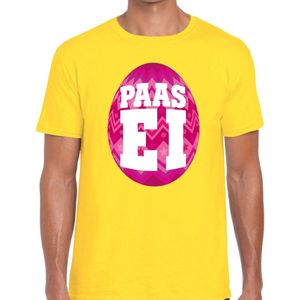 Geel Paas t-shirt met roze paasei - Pasen shirt voor heren - Pasen kleding