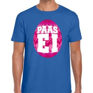 Blauw Paas t-shirt met roze paasei - Pasen shirt voor heren - Pasen kleding