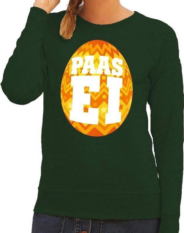 Groene Paas sweater met oranje paasei - Pasen trui voor dames - Pasen kleding