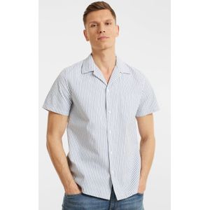 Anytime - Seersucker Overhemd - Blauw/Wit - Katoen - Korte Mouwen