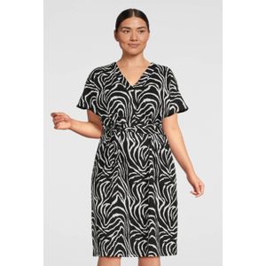 Great Looks - Crinkle Jurk - Zwart/Wit - V-hals - Midi Lengte - Kapmouwen