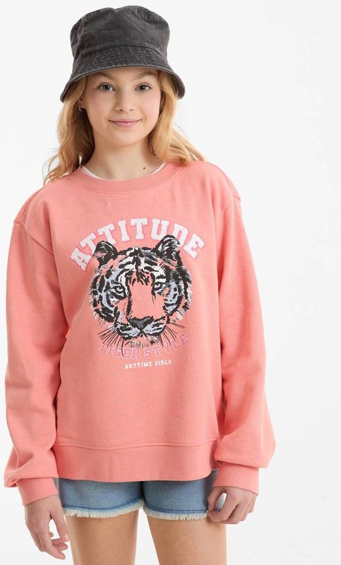Anytime - Meisjes Sweater - Roze - Katoenmix - Printopdruk met Puff Details