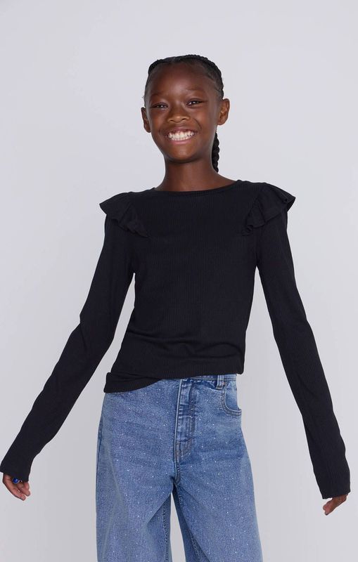 Coolcat - Longsleeve Ruffels Rib Top Tegan - Zwart