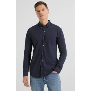 Anytime - Piqué Longsleeve Overhemd - Marineblauw - Regular Fit