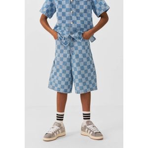 Coolcat - Skater Denim Short - Blauw - Checkerboardprint - Wijde Pasvorm