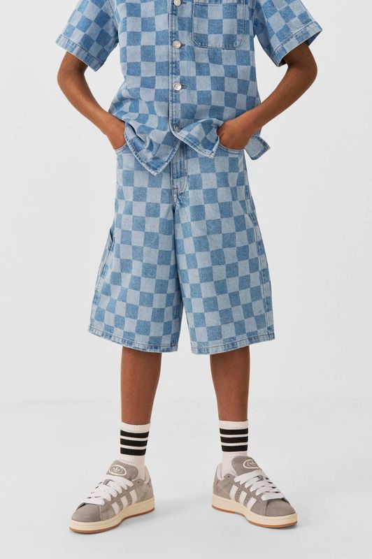 Coolcat - Skater Denim Short - Blauw - Checkerboardprint - Wijde Pasvorm