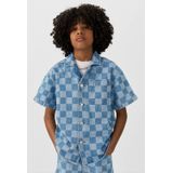 Coolcat - Denim Overhemd - Korte Mouwen - Blauw - Katoen - Checkerboard Print