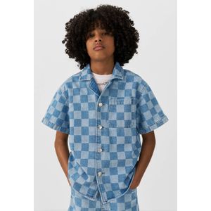 Coolcat - Denim Overhemd - Korte Mouwen - Blauw - Katoen - Checkerboard Print