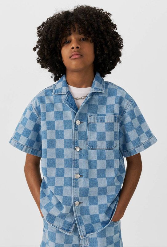 Coolcat - Denim Overhemd - Korte Mouwen - Blauw - Katoen - Checkerboard Print