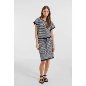 Anytime - Crochet T-shirt Jurk - Donkerblauw/Wit - Katoen - Ronde Hals