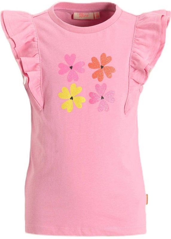 Orange Stars - T-shirt - Roze - Met Printopdruk - Ronde Hals - Kapmouwtjes met Ruffles