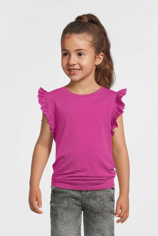 anytime - T-shirt - Magenta - Katoen - Korte Mouwen met Ruffles