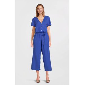 Anytime - Jumpsuit - Blauw - Linnenmix - Korte Mouwen - V-hals