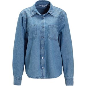 Anytime - Denim Blouse - Blauw - Met Strass Steentjes - Lange Mouwen