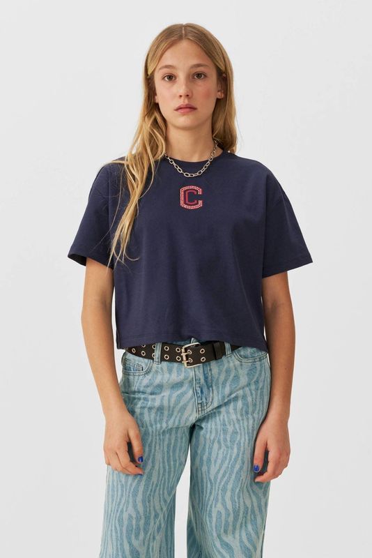 Coolcat - T-shirt Zhara - Donkerblauw - Katoen - Met Printopdruk en Glitters