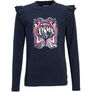 Orange Stars - Longsleeve - Donkerblauw - Glitterprint - Ronde Hals - Ruches