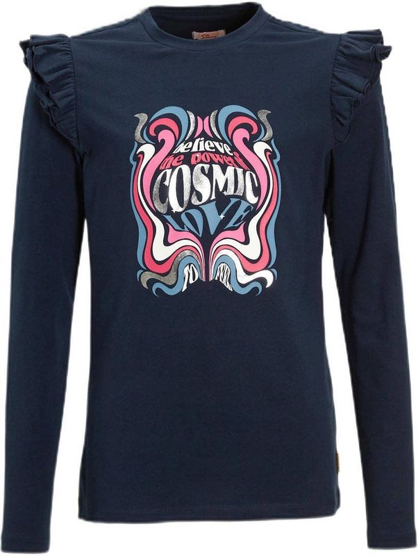 Orange Stars - Longsleeve - Donkerblauw - Glitterprint - Ronde Hals - Ruches