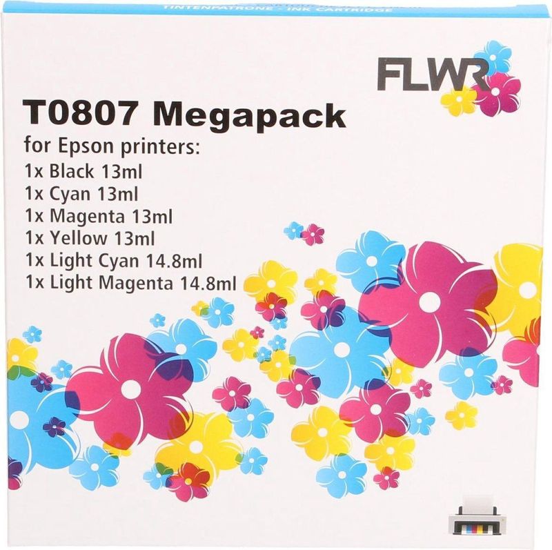 FLWR - Inktcartridge / T0807 / 6-pack Zwart & Kleur - Geschikt voor Epson