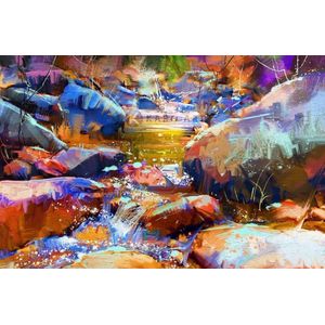 Afbeelding op acrylglas - Waterval met kleurrijke stenen (digitale kunst)