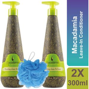 Macadamia Nourishing Leave-In Cream 2x300 ml – Voordeelset 2 stuks inclusief Douche Puff – Intensief Voedende Leave-In Crème