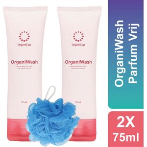Intieme Wasemulsie - Intieme Verzorging - Organicup OrganiWash - Inclusief Douche Puff - Voordeelverpakking - 2 x 75ml - 2 in 1 Reiniging - Intieme Hygiene - Intieme Wasgel - PH- Neutraal