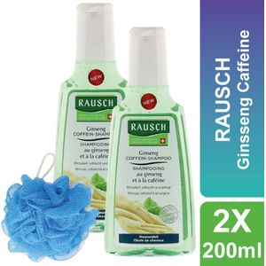 Shampoo tegen Haaruitval - RAUSCH - Inclusief Douche Puff - 2 x 200 ml - Cafeïneshampoo met Ginseng - Voordeelverpakking