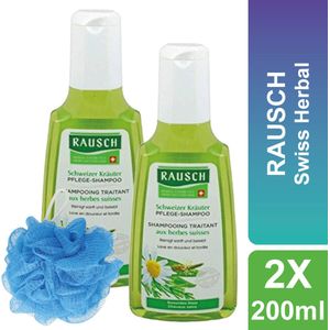 Rausch- Shampoo - Verzorgende Shampoo met Zwitserse kruiden - Inclusief Douche Puff - 2 x 200 ml - met Kamille, Paardenstaart en Smalle Weegbree - Voordeelverpakking