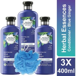 Herbal Essences - Conditioner - Blue Ginger - Inclusief Douche Puff - Voordeelverpakking - 3 x 400 ml - Zijdezacht en Glanzend Haar