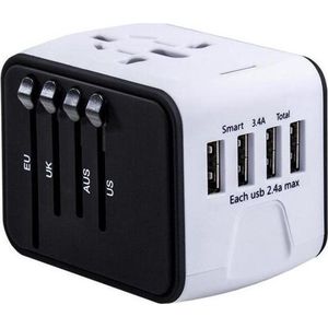 Universele Wereldstekker met 4 USB Poorten - Internationale Reisstekker voor 150+ landen - Wit