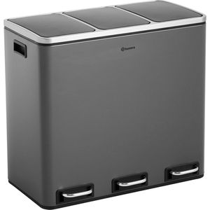 Homra SPARQ Pedaalemmer 3 vakken - 3 x 18 L inhoud - 54 Liter - Grijs - RVS - Trio Prullenbak Afvalscheiding - 3-vaks Recycle Afvalemmer - Hygiënisch Afval Scheiden - Grijze Keuken Vuilbak - Kantoor Prullenbak - Pedaal - Afvalscheidingsprullenbak