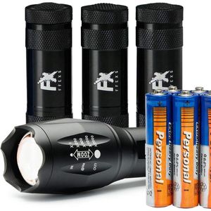 FFEX Militaire Zaklamp + 3 Mini Zaklampen - LED - Incl. 12x Batterij AAA 850mAh