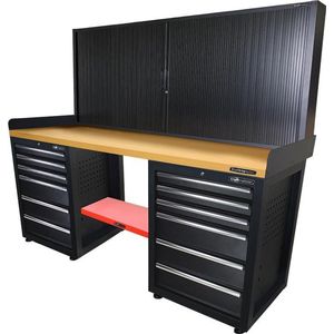 Kraftmeister werkbank 200 cm - Werktafel met gereedschapswand, 12 laden en MDF werkblad - Zwart