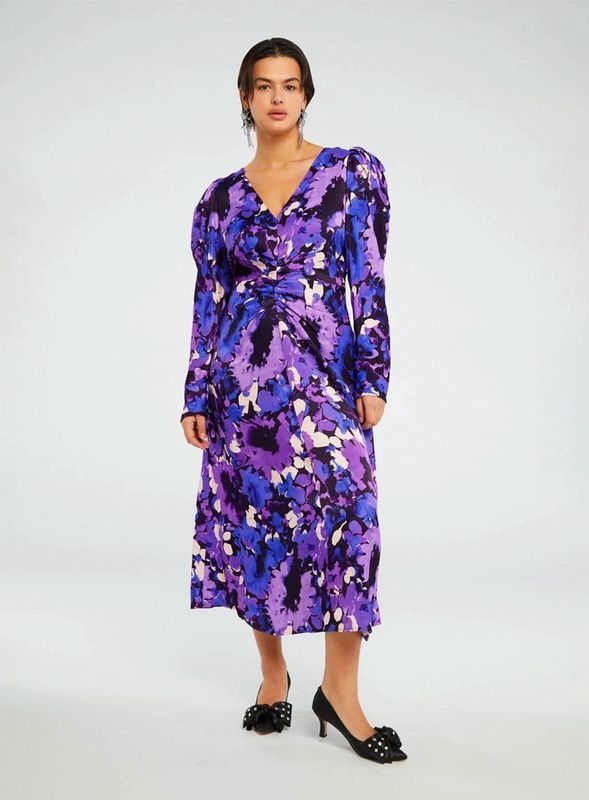 Fabienne Chapot - Vera Jurk - Paars - Midi-jurk - V-hals - Pofmouwen