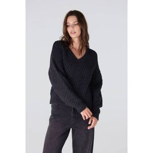 JANSEN Amsterdam - DAWN - Trui - Antraciet - V-hals - Ingebreid Patroon