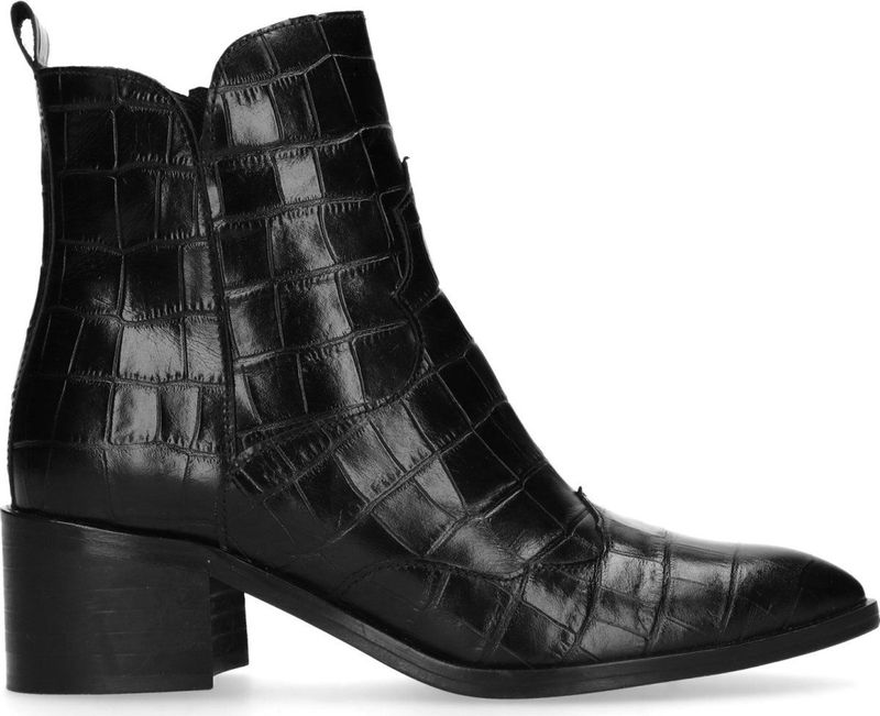 Manfield - Dames - Zwarte enkellaarsjes met crocoprint