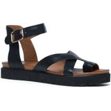 Manfield - Dames - Zwarte leren plateau sandalen met gespsluiting