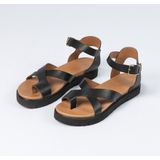Manfield - Dames - Zwarte leren plateau sandalen met gespsluiting