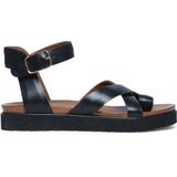 Manfield - Dames - Zwarte leren plateau sandalen met gespsluiting