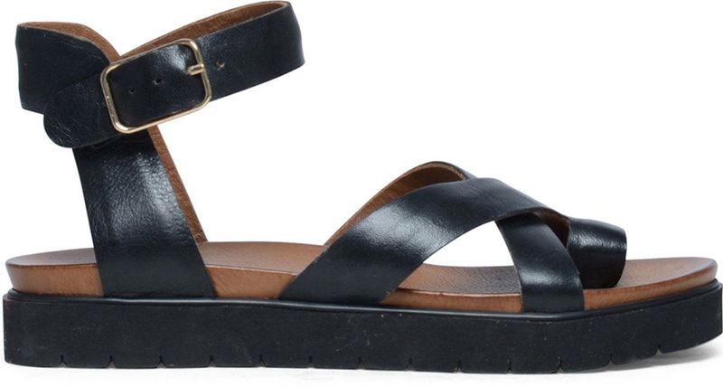 Manfield - Dames - Zwarte leren plateau sandalen met gespsluiting