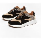 Manfield - Dames - Zwarte lage sneakers met cheetahprint
