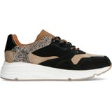 Manfield - Dames - Zwarte lage sneakers met cheetahprint