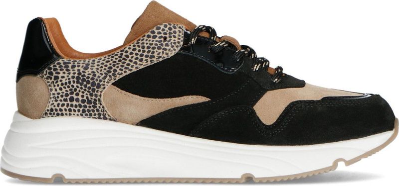 Manfield - Dames - Zwarte lage sneakers met cheetahprint