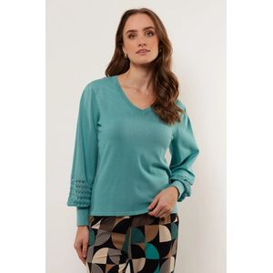 Marley - Turquoise Knitting Sweater met V-Hals en Decoratieve Mouwen
