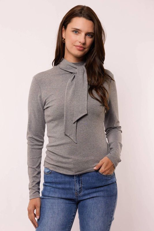 G-maxx - Charlot - Top - Grijs Melange - Lange Mouwen - Sjaalkraag