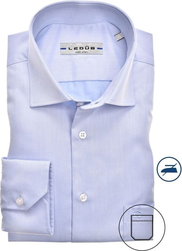 Ledub - Blauw Effen Overhemd - 100% Katoen - Haifisch Kraag - Lange Mouwen