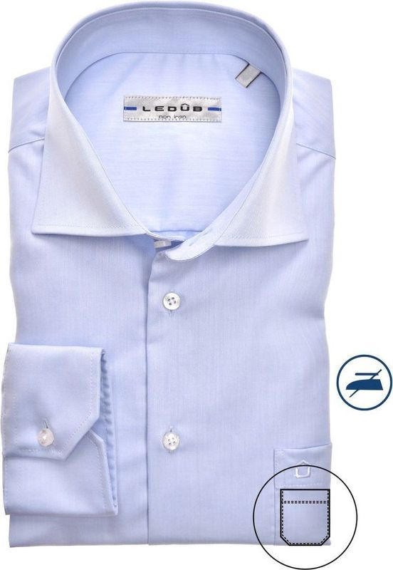Ledub - Blauw Effen Overhemd - 100% Katoen - Haifisch Kraag - Lange Mouwen