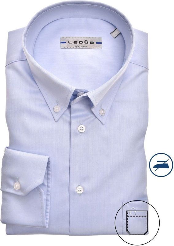 Ledub - Blauw Effen Overhemd - 100% Katoen - Button Down Kraag - Lange Mouwen