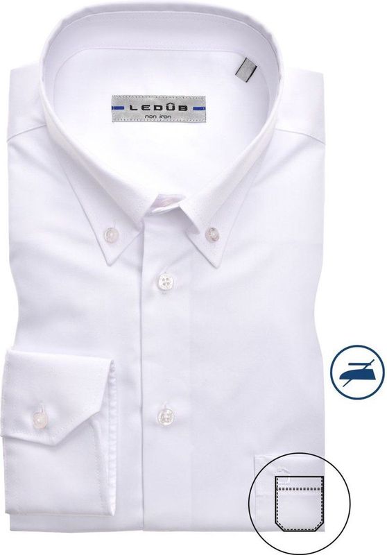 Ledub - Wit Effen Overhemd - 100% Katoen - Button Down Kraag - Lange Mouwen