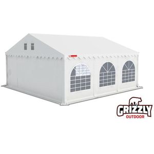 Grizzly Outdoor Partytent 6x6 m PVC doorloophoogte 2.20 m, koperen zeilringen met grondframe Wit