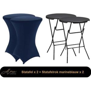 2x zwarte Statafel + Marineblauwe Statafelrok x 2 – 80 cm Dia x 110 cm hoog – Cocktailtafel – Hoge staan tafel – Breed Blad – Inclusief Marineblauwe Statafelhoes – Staantafelrok Stretch R